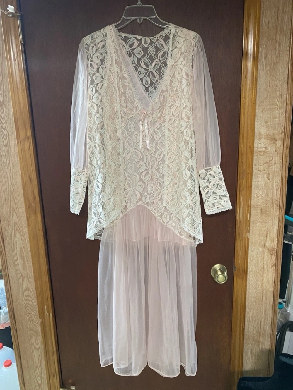 Vintage Sedu Pink Lace Satin Semi Sheer Dress & Robe Lingerie Small USA